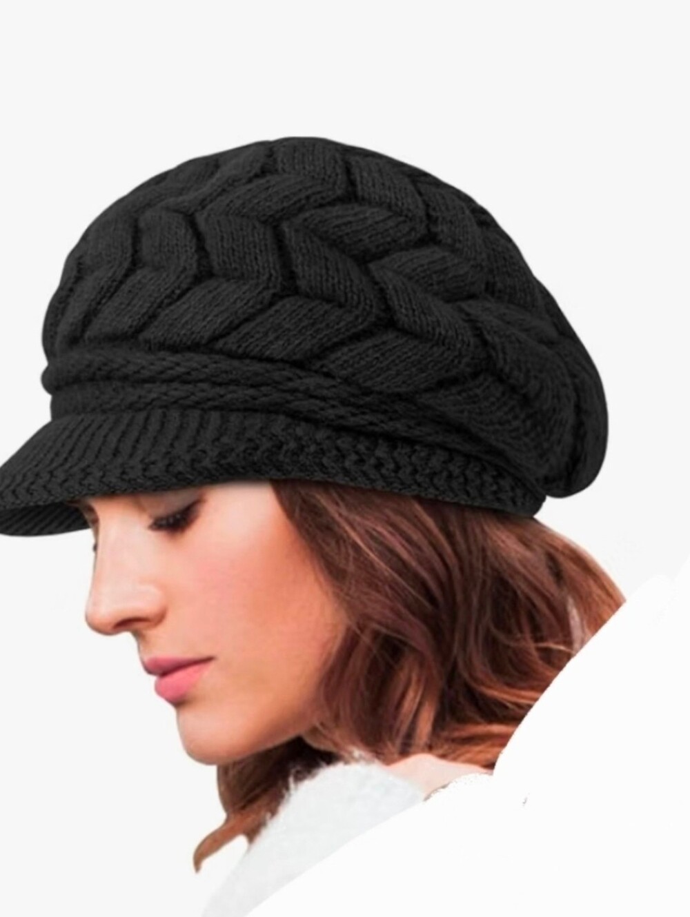 Black Quilted Knit Winter Hat With Visor - Women's Winter Accessory